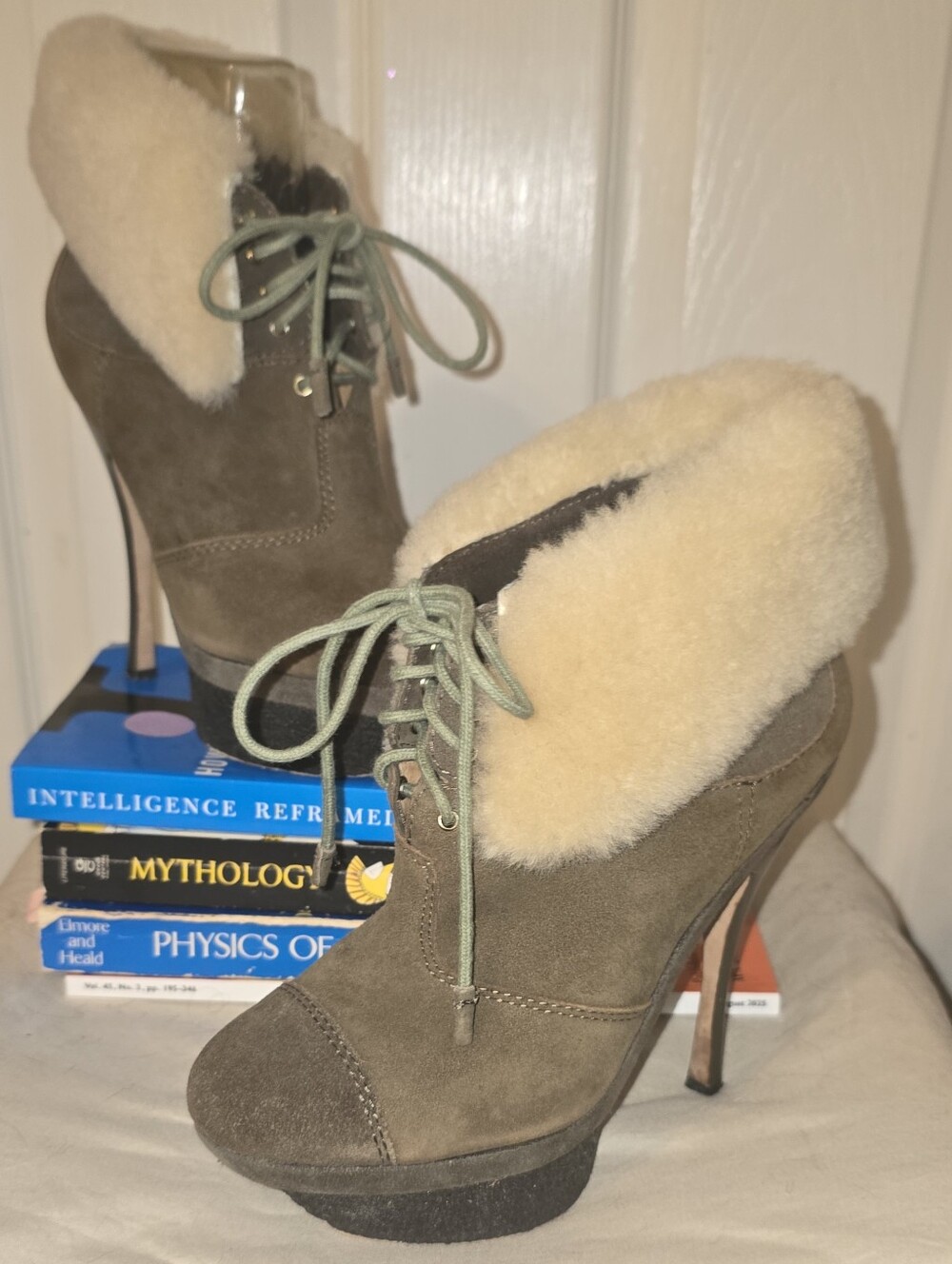 L.A.M.B. Pier Gwen Stefani Brown Real Fur Platform Booties Size 6 w/ Box